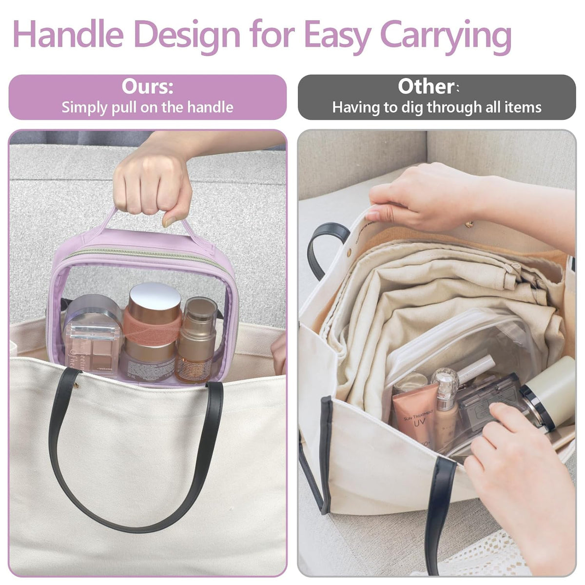 Clear Makeup Bag Travel - TSA Approved Toiletry Bag, 2 Pack Black | 1 Medium Quart Carry-On & 1 Large Checked-Luggage, Easy-Carry Handle, Water-Resistant, Clear Easy-Check for Airport, Women