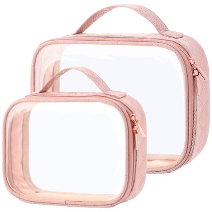 Clear Makeup Bag Travel - TSA Approved Toiletry Bag, 2 Pack Black | 1 Medium Quart Carry-On & 1 Large Checked-Luggage, Easy-Carry Handle, Water-Resistant, Clear Easy-Check for Airport, Women