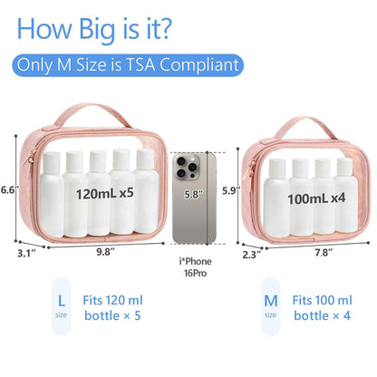 Clear Makeup Bag Travel - TSA Approved Toiletry Bag, 2 Pack Black | 1 Medium Quart Carry-On & 1 Large Checked-Luggage, Easy-Carry Handle, Water-Resistant, Clear Easy-Check for Airport, Women