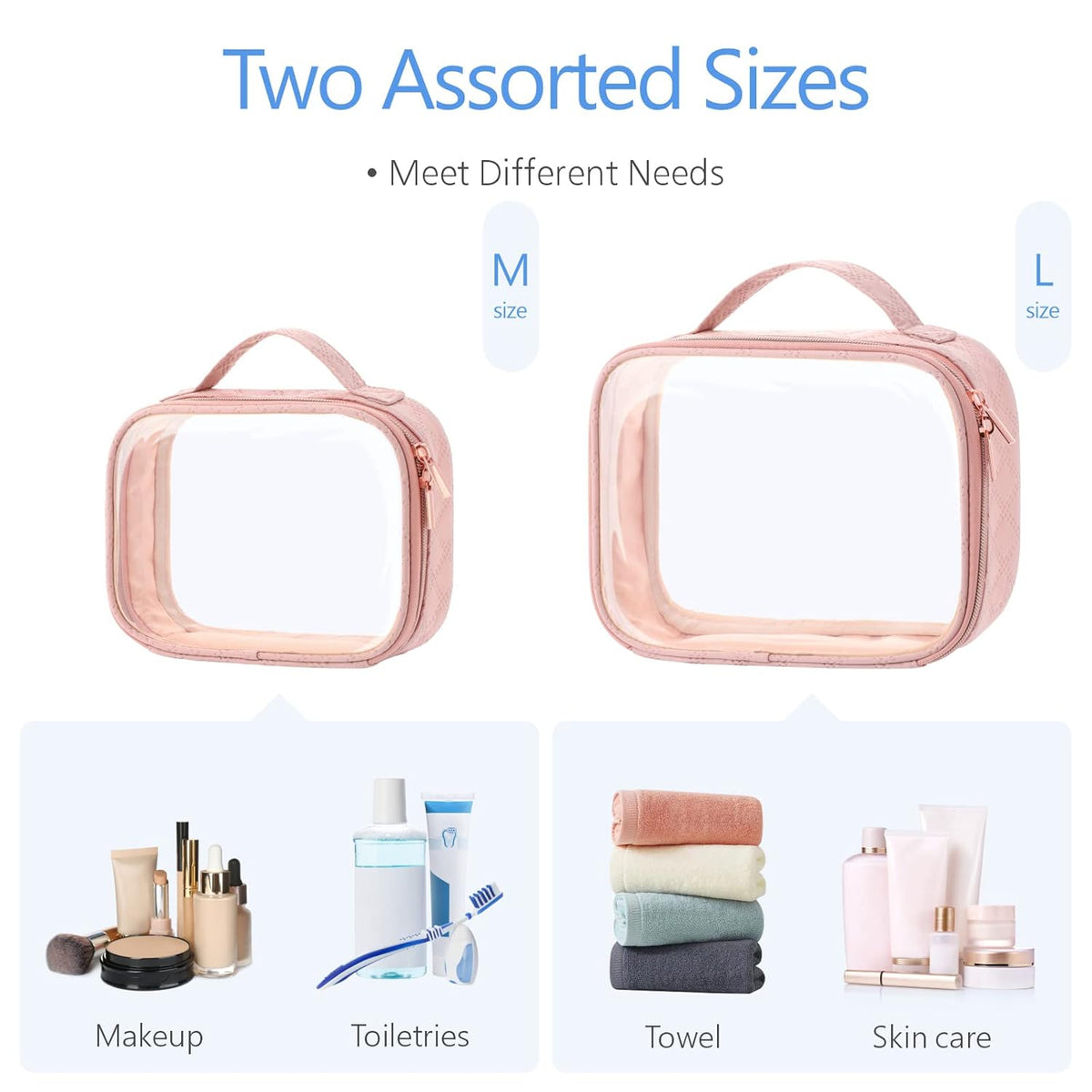 Clear Makeup Bag Travel - TSA Approved Toiletry Bag, 2 Pack Black | 1 Medium Quart Carry-On & 1 Large Checked-Luggage, Easy-Carry Handle, Water-Resistant, Clear Easy-Check for Airport, Women