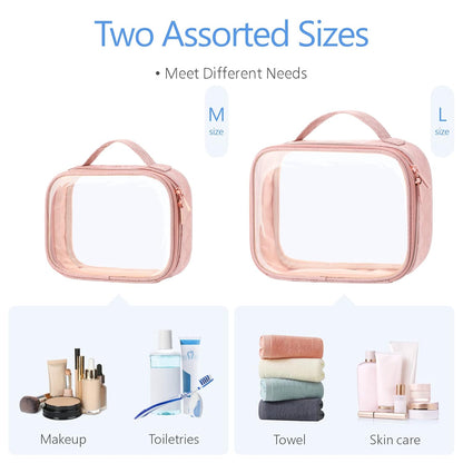 Clear Makeup Bag Travel - TSA Approved Toiletry Bag, 2 Pack Black | 1 Medium Quart Carry-On & 1 Large Checked-Luggage, Easy-Carry Handle, Water-Resistant, Clear Easy-Check for Airport, Women