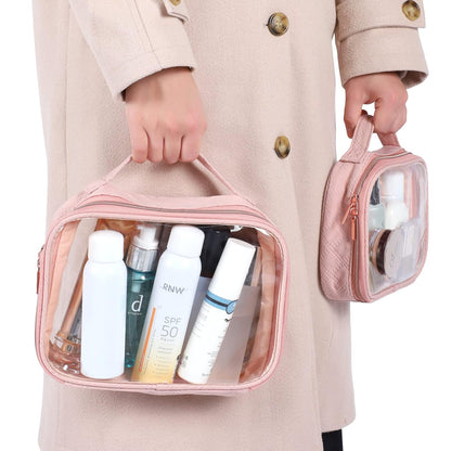 Clear Makeup Bag Travel - TSA Approved Toiletry Bag, 2 Pack Black | 1 Medium Quart Carry-On & 1 Large Checked-Luggage, Easy-Carry Handle, Water-Resistant, Clear Easy-Check for Airport, Women