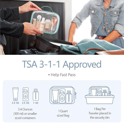 Clear Makeup Bag Travel - TSA Approved Toiletry Bag, 2 Pack Black | 1 Medium Quart Carry-On & 1 Large Checked-Luggage, Easy-Carry Handle, Water-Resistant, Clear Easy-Check for Airport, Women