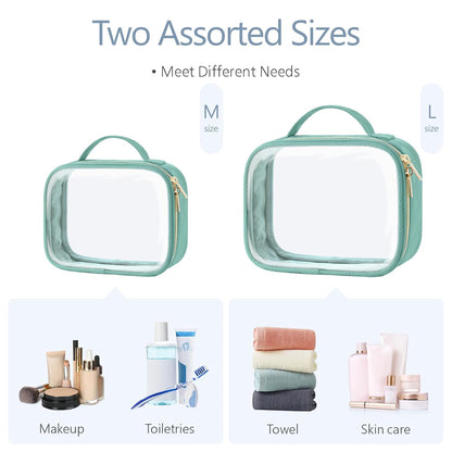 Clear Makeup Bag Travel - TSA Approved Toiletry Bag, 2 Pack Black | 1 Medium Quart Carry-On & 1 Large Checked-Luggage, Easy-Carry Handle, Water-Resistant, Clear Easy-Check for Airport, Women