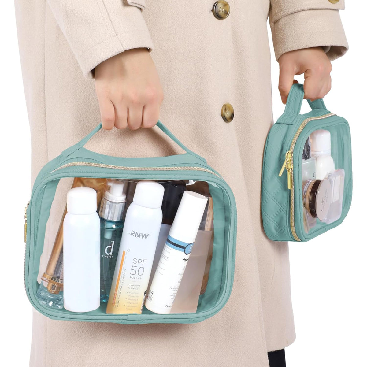 Clear Makeup Bag Travel - TSA Approved Toiletry Bag, 2 Pack Black | 1 Medium Quart Carry-On & 1 Large Checked-Luggage, Easy-Carry Handle, Water-Resistant, Clear Easy-Check for Airport, Women
