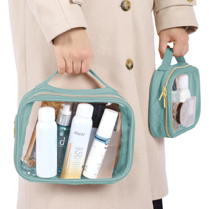 Clear Makeup Bag Travel - TSA Approved Toiletry Bag, 2 Pack Black | 1 Medium Quart Carry-On & 1 Large Checked-Luggage, Easy-Carry Handle, Water-Resistant, Clear Easy-Check for Airport, Women