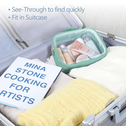 Clear Makeup Bag Travel - TSA Approved Toiletry Bag, 2 Pack Black | 1 Medium Quart Carry-On & 1 Large Checked-Luggage, Easy-Carry Handle, Water-Resistant, Clear Easy-Check for Airport, Women