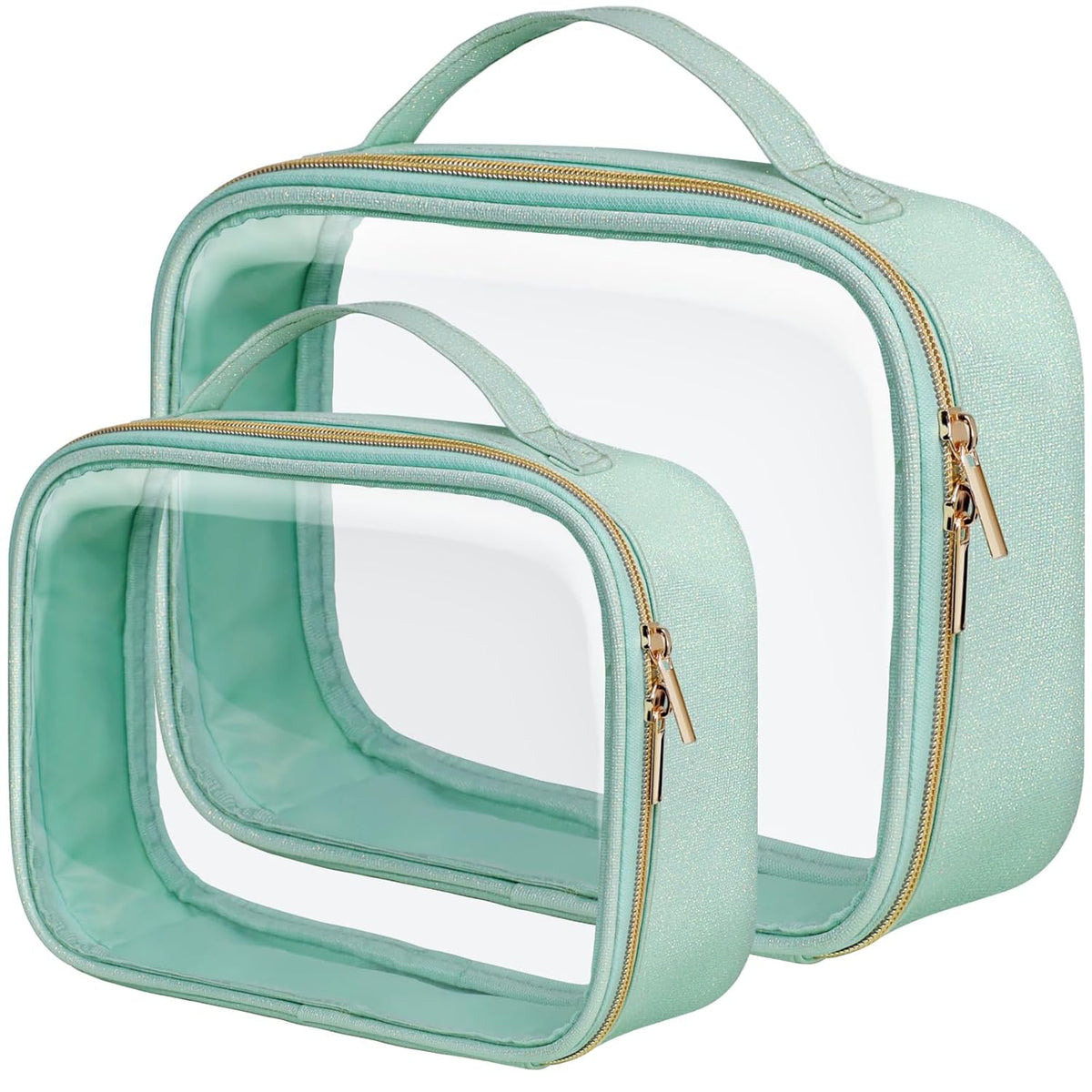 Clear Makeup Bag Travel - TSA Approved Toiletry Bag, 2 Pack Black | 1 Medium Quart Carry-On & 1 Large Checked-Luggage, Easy-Carry Handle, Water-Resistant, Clear Easy-Check for Airport, Women