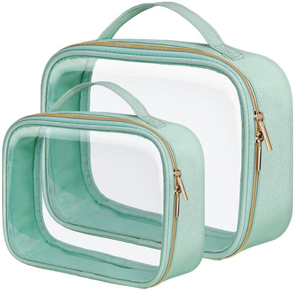 Clear Makeup Bag Travel - TSA Approved Toiletry Bag, 2 Pack Black | 1 Medium Quart Carry-On & 1 Large Checked-Luggage, Easy-Carry Handle, Water-Resistant, Clear Easy-Check for Airport, Women