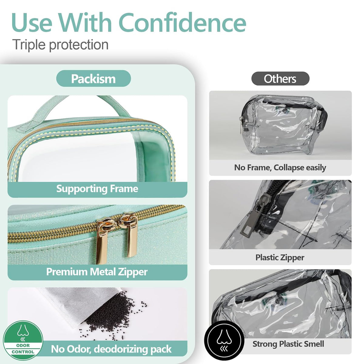 Clear Makeup Bag Travel - TSA Approved Toiletry Bag, 2 Pack Black | 1 Medium Quart Carry-On & 1 Large Checked-Luggage, Easy-Carry Handle, Water-Resistant, Clear Easy-Check for Airport, Women