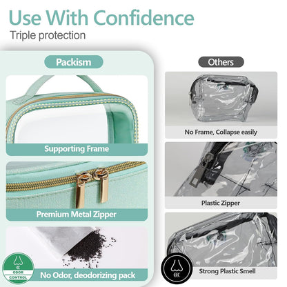 Clear Makeup Bag Travel - TSA Approved Toiletry Bag, 2 Pack Black | 1 Medium Quart Carry-On & 1 Large Checked-Luggage, Easy-Carry Handle, Water-Resistant, Clear Easy-Check for Airport, Women