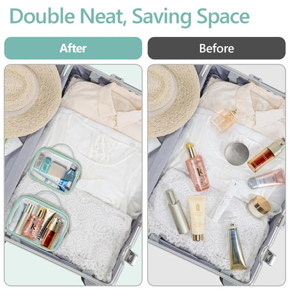 Clear Makeup Bag Travel - TSA Approved Toiletry Bag, 2 Pack Black | 1 Medium Quart Carry-On & 1 Large Checked-Luggage, Easy-Carry Handle, Water-Resistant, Clear Easy-Check for Airport, Women