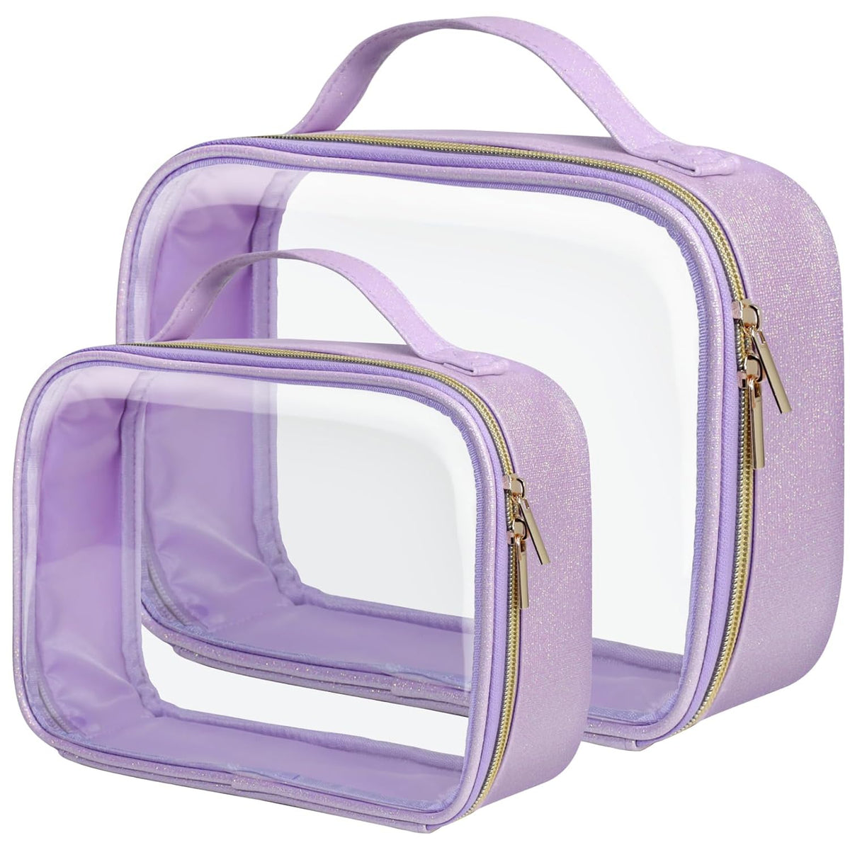 Clear Makeup Bag Travel - TSA Approved Toiletry Bag, 2 Pack Black | 1 Medium Quart Carry-On & 1 Large Checked-Luggage, Easy-Carry Handle, Water-Resistant, Clear Easy-Check for Airport, Women