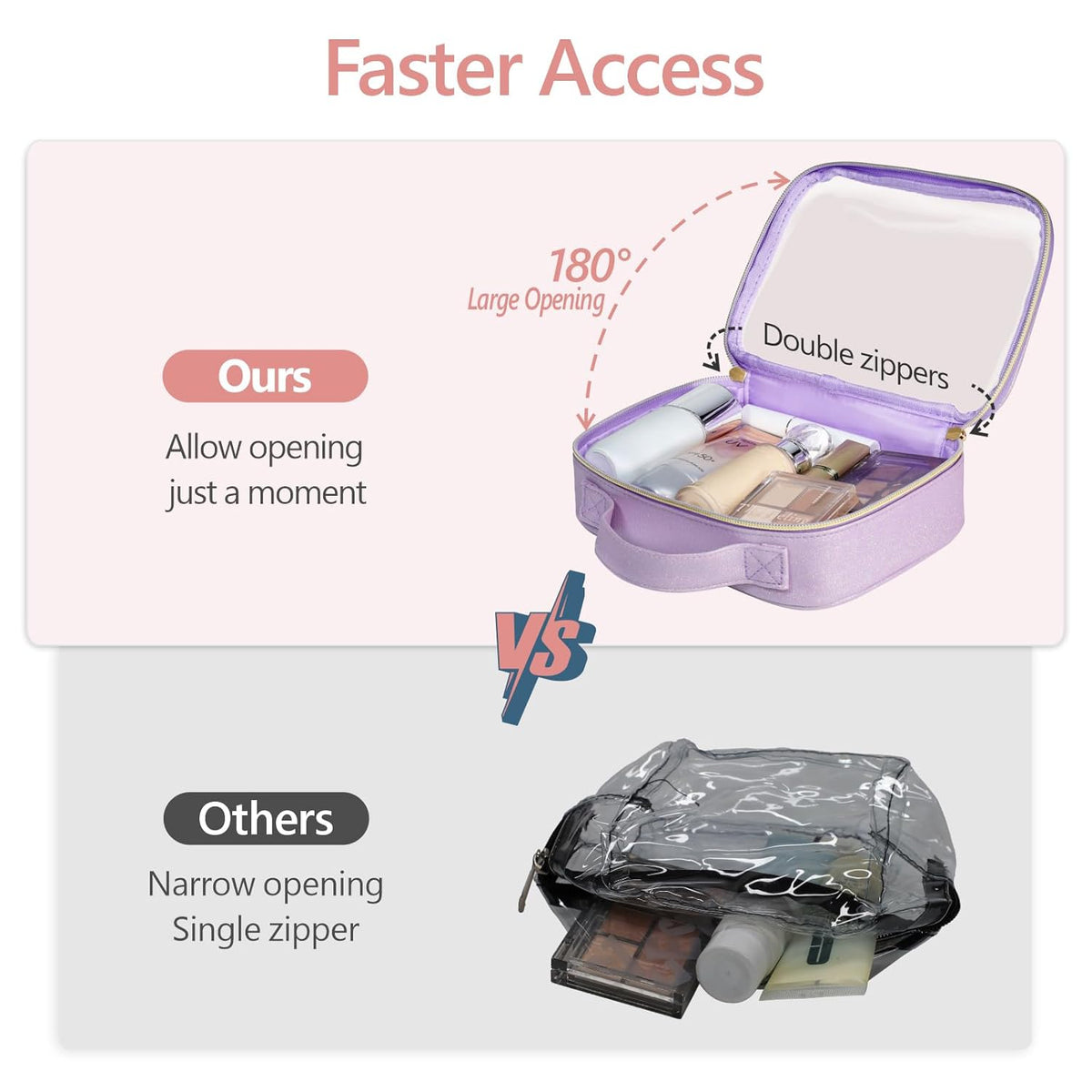 Clear Makeup Bag Travel - TSA Approved Toiletry Bag, 2 Pack Black | 1 Medium Quart Carry-On & 1 Large Checked-Luggage, Easy-Carry Handle, Water-Resistant, Clear Easy-Check for Airport, Women