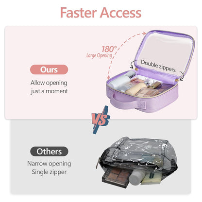 Clear Makeup Bag Travel - TSA Approved Toiletry Bag, 2 Pack Black | 1 Medium Quart Carry-On & 1 Large Checked-Luggage, Easy-Carry Handle, Water-Resistant, Clear Easy-Check for Airport, Women