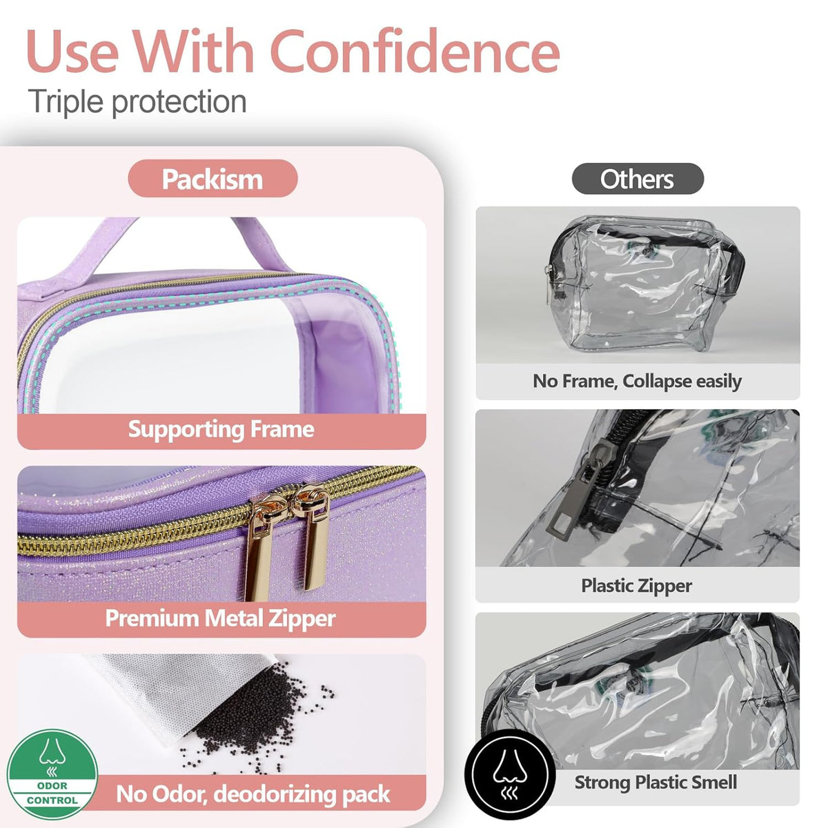 Clear Makeup Bag Travel - TSA Approved Toiletry Bag, 2 Pack Black | 1 Medium Quart Carry-On & 1 Large Checked-Luggage, Easy-Carry Handle, Water-Resistant, Clear Easy-Check for Airport, Women