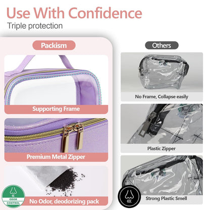 Clear Makeup Bag Travel - TSA Approved Toiletry Bag, 2 Pack Black | 1 Medium Quart Carry-On & 1 Large Checked-Luggage, Easy-Carry Handle, Water-Resistant, Clear Easy-Check for Airport, Women