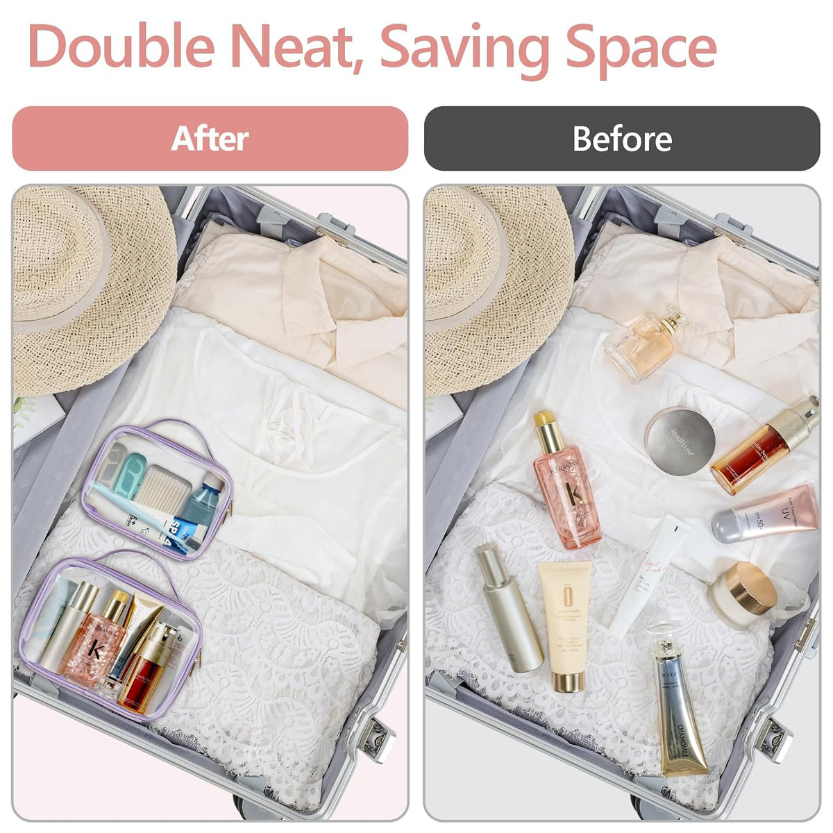 Clear Makeup Bag Travel - TSA Approved Toiletry Bag, 2 Pack Black | 1 Medium Quart Carry-On & 1 Large Checked-Luggage, Easy-Carry Handle, Water-Resistant, Clear Easy-Check for Airport, Women