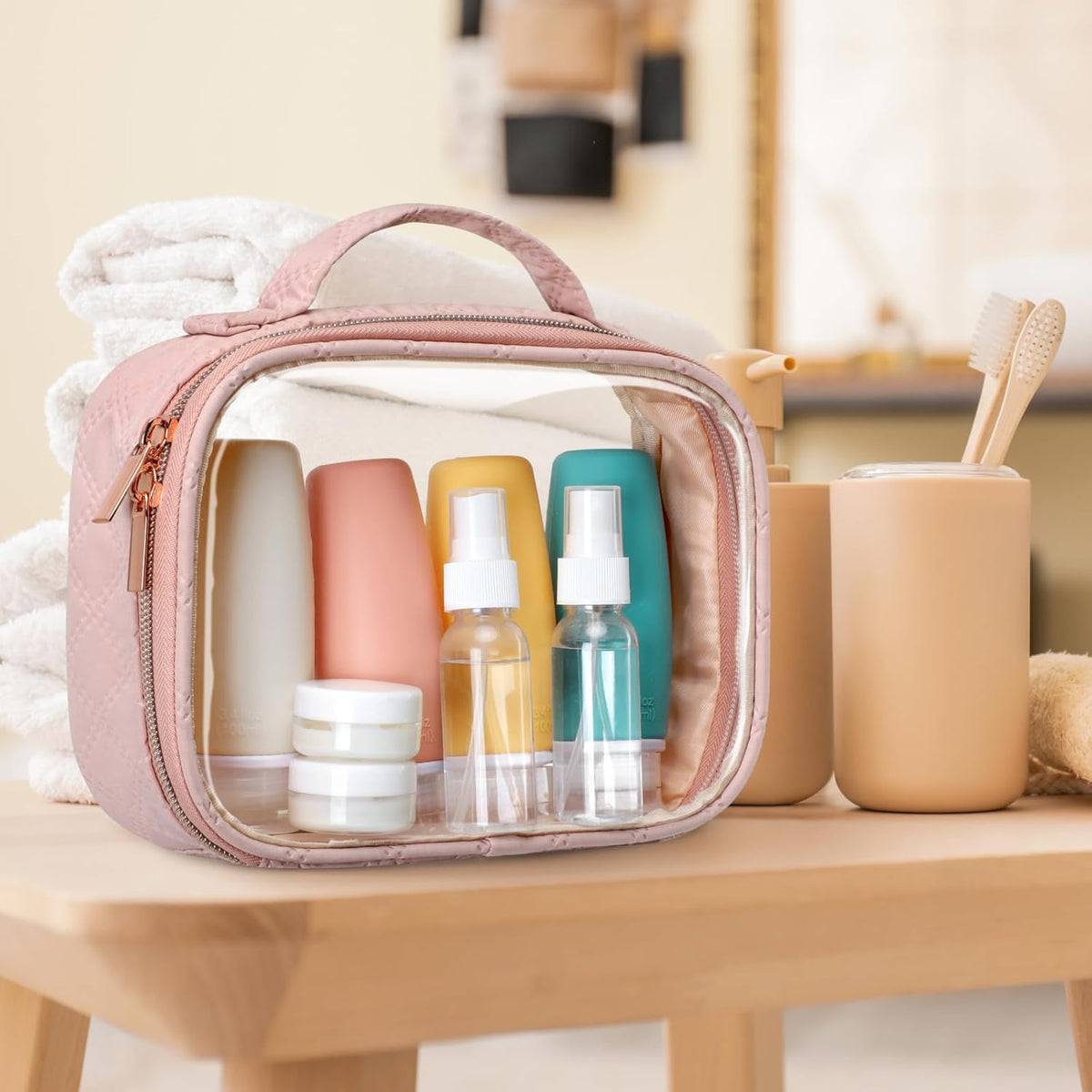 Clear Makeup Bag Travel - TSA Approved Toiletry Bag, 2 Pack Black | 1 Medium Quart Carry-On & 1 Large Checked-Luggage, Easy-Carry Handle, Water-Resistant, Clear Easy-Check for Airport, Women