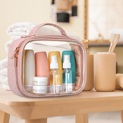 Clear Makeup Bag Travel - TSA Approved Toiletry Bag, 2 Pack Black | 1 Medium Quart Carry-On & 1 Large Checked-Luggage, Easy-Carry Handle, Water-Resistant, Clear Easy-Check for Airport, Women