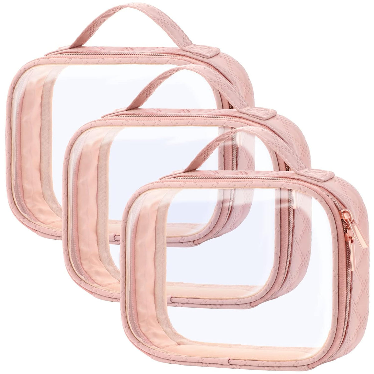 Clear Makeup Bag Travel - TSA Approved Toiletry Bag, 2 Pack Black | 1 Medium Quart Carry-On & 1 Large Checked-Luggage, Easy-Carry Handle, Water-Resistant, Clear Easy-Check for Airport, Women
