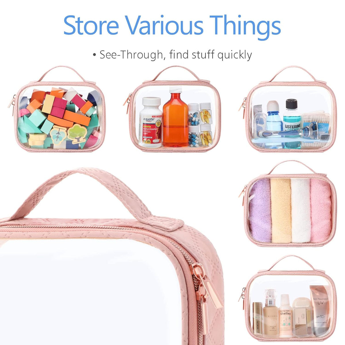 Clear Makeup Bag Travel - TSA Approved Toiletry Bag, 2 Pack Black | 1 Medium Quart Carry-On & 1 Large Checked-Luggage, Easy-Carry Handle, Water-Resistant, Clear Easy-Check for Airport, Women