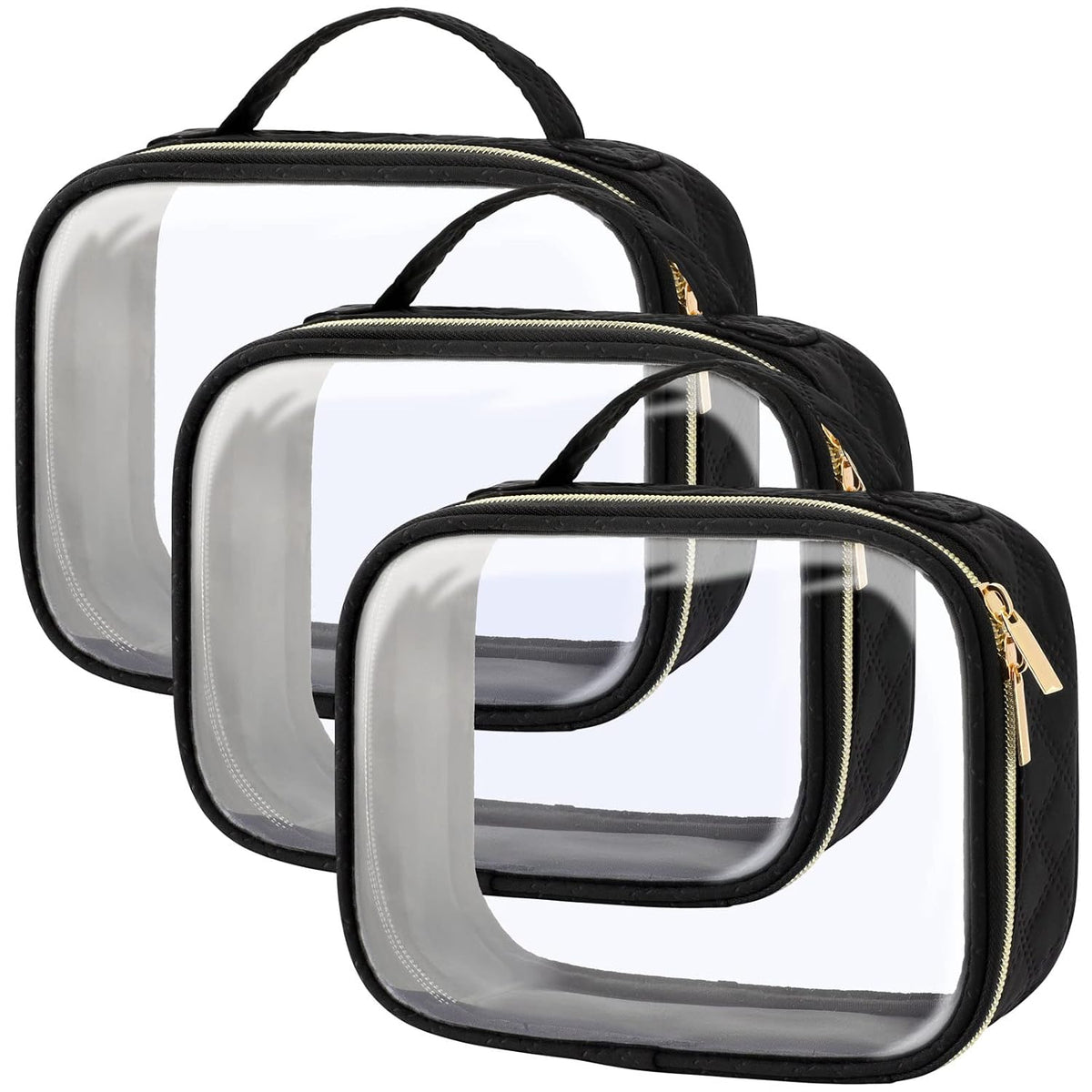 Clear Makeup Bag Travel - TSA Approved Toiletry Bag, 2 Pack Black | 1 Medium Quart Carry-On & 1 Large Checked-Luggage, Easy-Carry Handle, Water-Resistant, Clear Easy-Check for Airport, Women