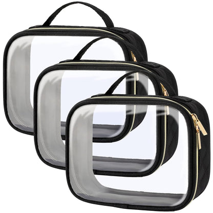 Clear Makeup Bag Travel - TSA Approved Toiletry Bag, 2 Pack Black | 1 Medium Quart Carry-On & 1 Large Checked-Luggage, Easy-Carry Handle, Water-Resistant, Clear Easy-Check for Airport, Women