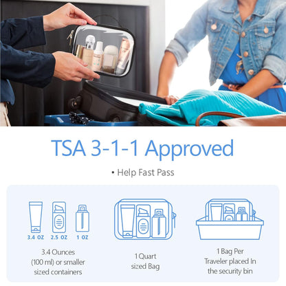 Clear Makeup Bag Travel - TSA Approved Toiletry Bag, 2 Pack Black | 1 Medium Quart Carry-On & 1 Large Checked-Luggage, Easy-Carry Handle, Water-Resistant, Clear Easy-Check for Airport, Women