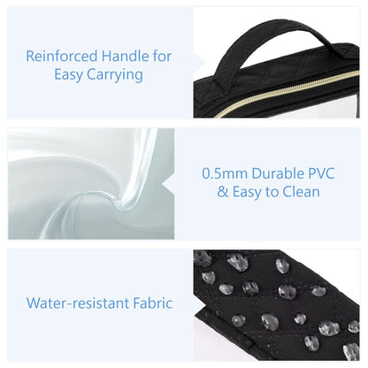 Clear Makeup Bag Travel - TSA Approved Toiletry Bag, 2 Pack Black | 1 Medium Quart Carry-On & 1 Large Checked-Luggage, Easy-Carry Handle, Water-Resistant, Clear Easy-Check for Airport, Women