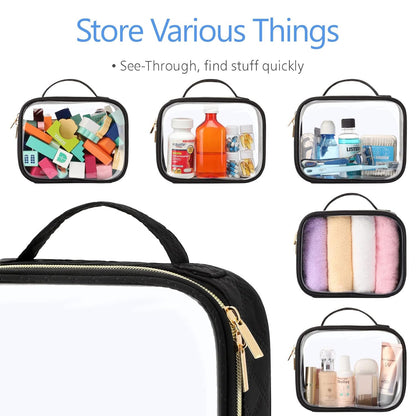 Clear Makeup Bag Travel - TSA Approved Toiletry Bag, 2 Pack Black | 1 Medium Quart Carry-On & 1 Large Checked-Luggage, Easy-Carry Handle, Water-Resistant, Clear Easy-Check for Airport, Women