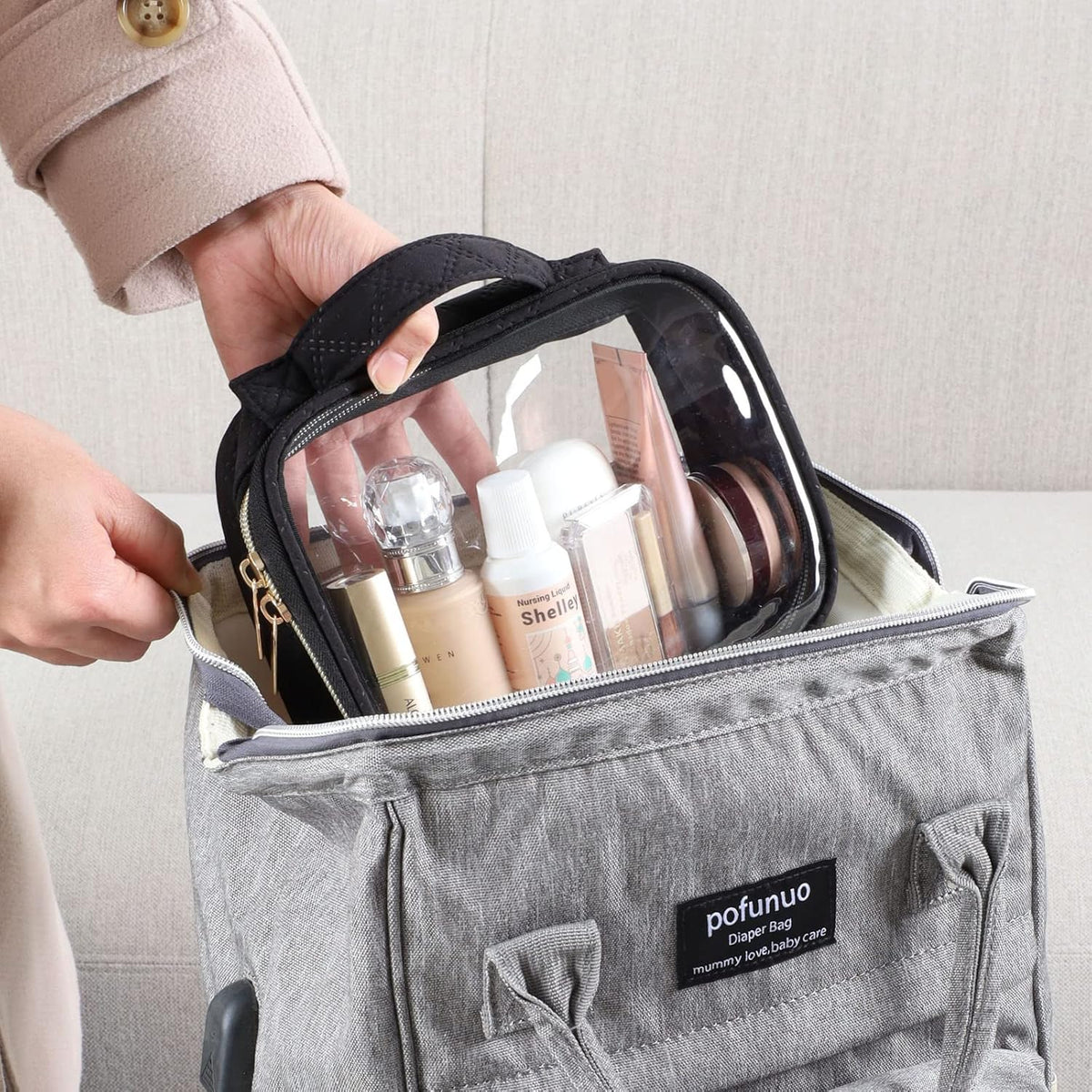 Clear Makeup Bag Travel - TSA Approved Toiletry Bag, 2 Pack Black | 1 Medium Quart Carry-On & 1 Large Checked-Luggage, Easy-Carry Handle, Water-Resistant, Clear Easy-Check for Airport, Women