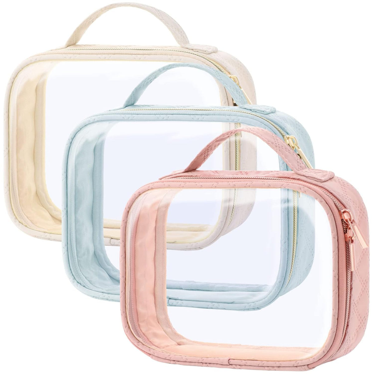 Clear Makeup Bag Travel - TSA Approved Toiletry Bag, 2 Pack Black | 1 Medium Quart Carry-On & 1 Large Checked-Luggage, Easy-Carry Handle, Water-Resistant, Clear Easy-Check for Airport, Women