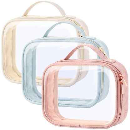 Clear Makeup Bag Travel - TSA Approved Toiletry Bag, 2 Pack Black | 1 Medium Quart Carry-On & 1 Large Checked-Luggage, Easy-Carry Handle, Water-Resistant, Clear Easy-Check for Airport, Women