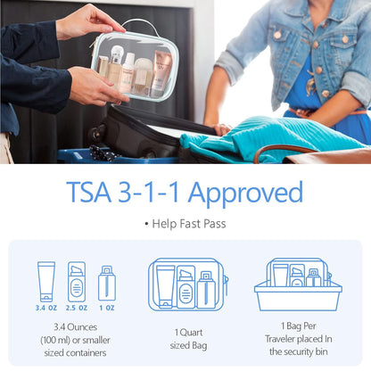 Clear Makeup Bag Travel - TSA Approved Toiletry Bag, 2 Pack Black | 1 Medium Quart Carry-On & 1 Large Checked-Luggage, Easy-Carry Handle, Water-Resistant, Clear Easy-Check for Airport, Women