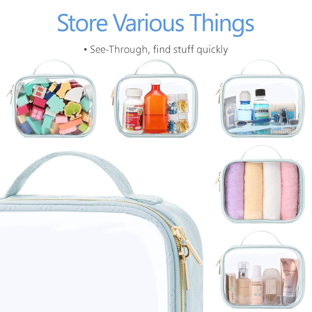 Clear Makeup Bag Travel - TSA Approved Toiletry Bag, 2 Pack Black | 1 Medium Quart Carry-On & 1 Large Checked-Luggage, Easy-Carry Handle, Water-Resistant, Clear Easy-Check for Airport, Women