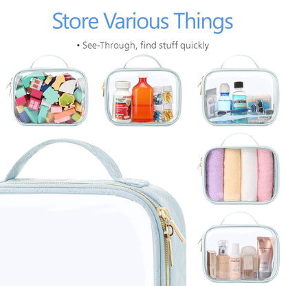 Clear Makeup Bag Travel - TSA Approved Toiletry Bag, 2 Pack Black | 1 Medium Quart Carry-On & 1 Large Checked-Luggage, Easy-Carry Handle, Water-Resistant, Clear Easy-Check for Airport, Women