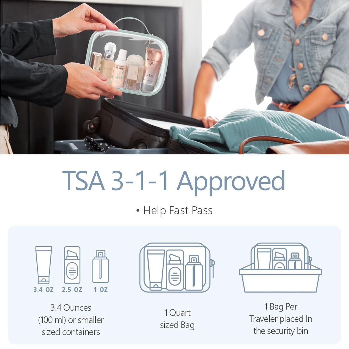Clear Makeup Bag Travel - TSA Approved Toiletry Bag, 2 Pack Black | 1 Medium Quart Carry-On & 1 Large Checked-Luggage, Easy-Carry Handle, Water-Resistant, Clear Easy-Check for Airport, Women