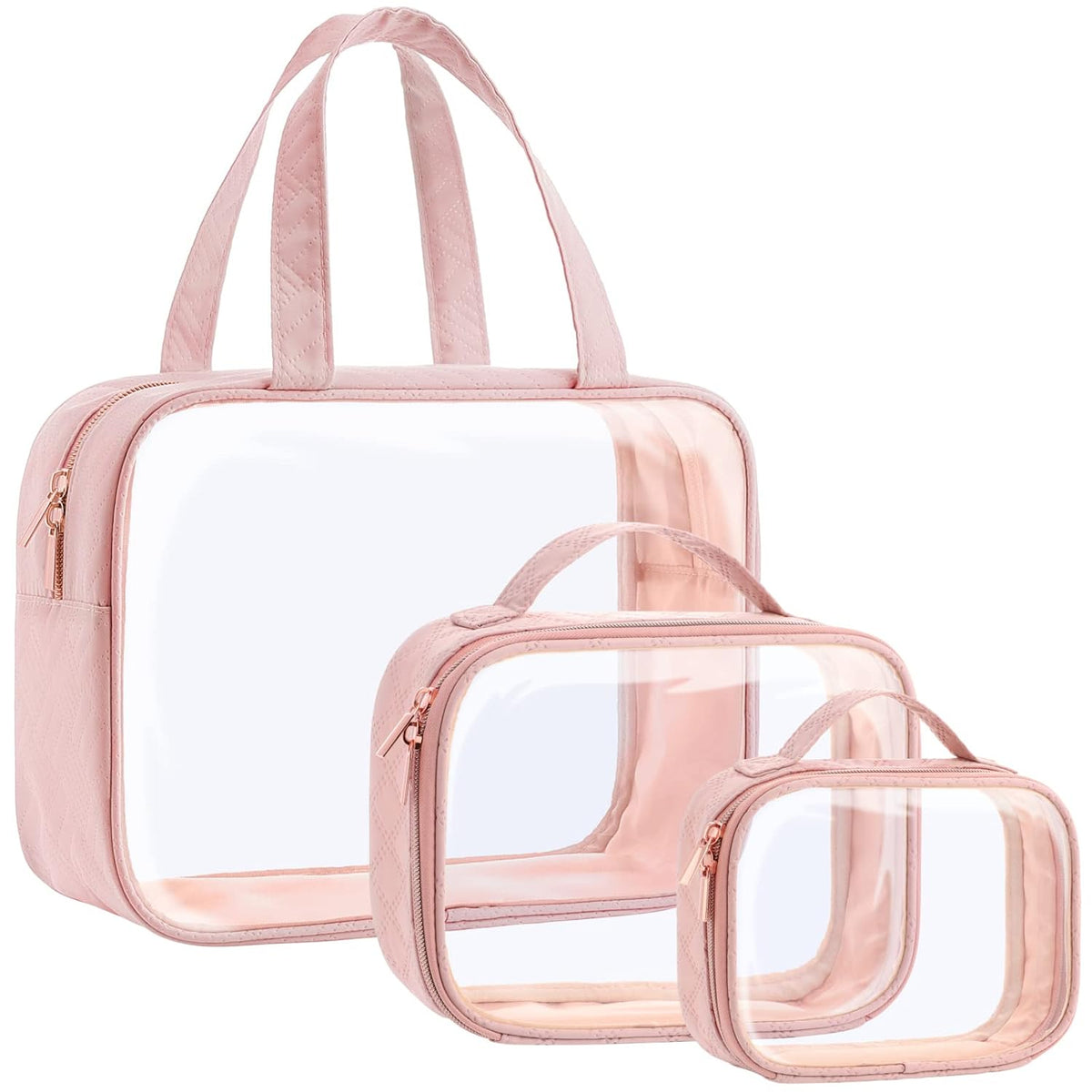 Clear Makeup Bag Travel - TSA Approved Toiletry Bag, 2 Pack Black | 1 Medium Quart Carry-On & 1 Large Checked-Luggage, Easy-Carry Handle, Water-Resistant, Clear Easy-Check for Airport, Women