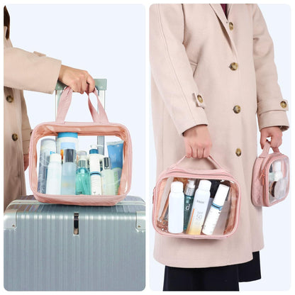 Clear Makeup Bag Travel - TSA Approved Toiletry Bag, 2 Pack Black | 1 Medium Quart Carry-On & 1 Large Checked-Luggage, Easy-Carry Handle, Water-Resistant, Clear Easy-Check for Airport, Women