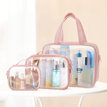 Clear Makeup Bag Travel - TSA Approved Toiletry Bag, 2 Pack Black | 1 Medium Quart Carry-On & 1 Large Checked-Luggage, Easy-Carry Handle, Water-Resistant, Clear Easy-Check for Airport, Women