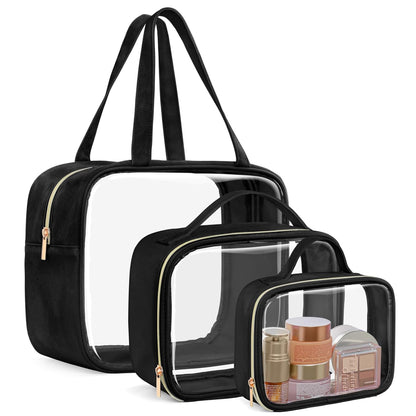 Clear Makeup Bag Travel - TSA Approved Toiletry Bag, 2 Pack Black | 1 Medium Quart Carry-On & 1 Large Checked-Luggage, Easy-Carry Handle, Water-Resistant, Clear Easy-Check for Airport, Women