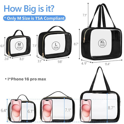 Clear Makeup Bag Travel - TSA Approved Toiletry Bag, 2 Pack Black | 1 Medium Quart Carry-On & 1 Large Checked-Luggage, Easy-Carry Handle, Water-Resistant, Clear Easy-Check for Airport, Women