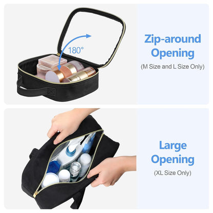 Clear Makeup Bag Travel - TSA Approved Toiletry Bag, 2 Pack Black | 1 Medium Quart Carry-On & 1 Large Checked-Luggage, Easy-Carry Handle, Water-Resistant, Clear Easy-Check for Airport, Women
