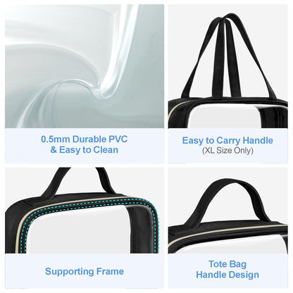 Clear Makeup Bag Travel - TSA Approved Toiletry Bag, 2 Pack Black | 1 Medium Quart Carry-On & 1 Large Checked-Luggage, Easy-Carry Handle, Water-Resistant, Clear Easy-Check for Airport, Women