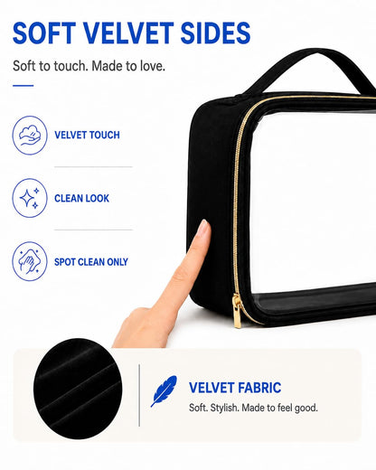 Clear Makeup Bag Travel - TSA Approved Toiletry Bag, 2 Pack Black | 1 Medium Quart Carry-On & 1 Large Checked-Luggage, Easy-Carry Handle, Water-Resistant, Clear Easy-Check for Airport, Women