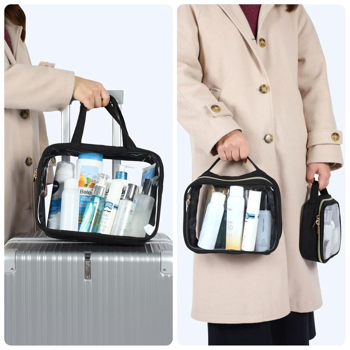 Clear Makeup Bag Travel - TSA Approved Toiletry Bag, 2 Pack Black | 1 Medium Quart Carry-On & 1 Large Checked-Luggage, Easy-Carry Handle, Water-Resistant, Clear Easy-Check for Airport, Women