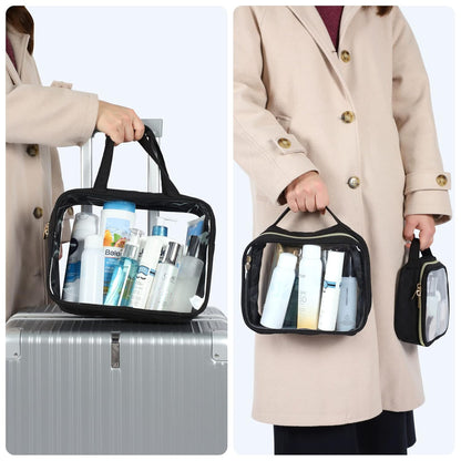 Clear Makeup Bag Travel - TSA Approved Toiletry Bag, 2 Pack Black | 1 Medium Quart Carry-On & 1 Large Checked-Luggage, Easy-Carry Handle, Water-Resistant, Clear Easy-Check for Airport, Women