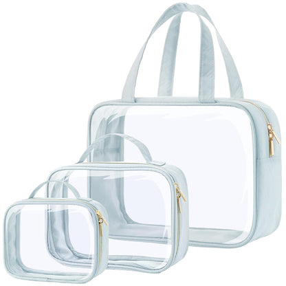 Clear Makeup Bag Travel - TSA Approved Toiletry Bag, 2 Pack Black | 1 Medium Quart Carry-On & 1 Large Checked-Luggage, Easy-Carry Handle, Water-Resistant, Clear Easy-Check for Airport, Women
