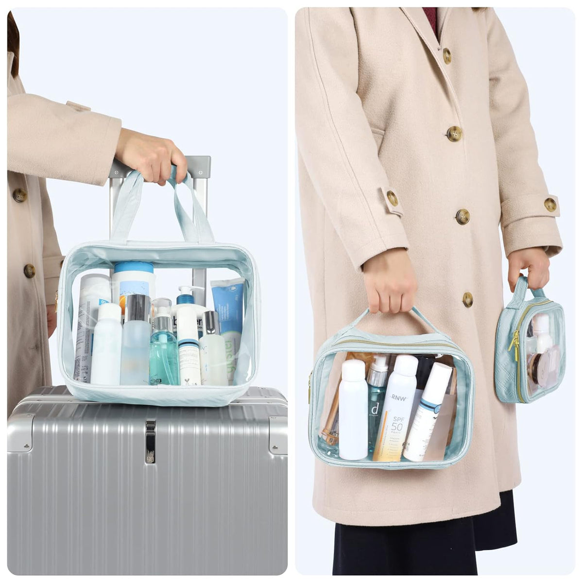 Clear Makeup Bag Travel - TSA Approved Toiletry Bag, 2 Pack Black | 1 Medium Quart Carry-On & 1 Large Checked-Luggage, Easy-Carry Handle, Water-Resistant, Clear Easy-Check for Airport, Women